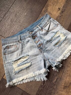 High-Rise Light Blue Distressed Denim Jean Shorts